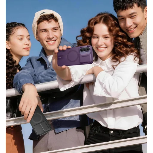 Suritch Samsung Galaxy A57 5G MagSafe kompatibilis tok kameravédővel és állítható fém kitámasztóval – fekete - 7