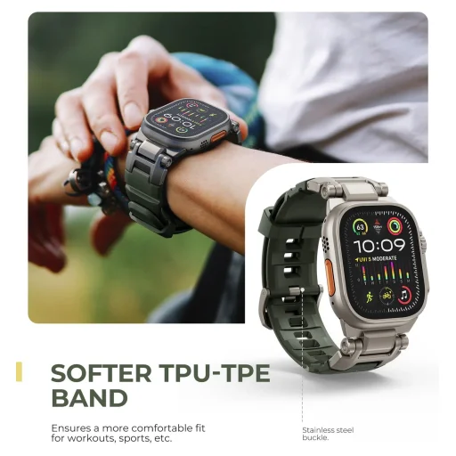 Dexnor Apple Watch Ultra 2 / Ultra 49 mm rozsdamentes acél szíj strapabíró fém csatlakozóval Army Green - 6