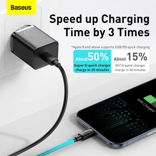 Baseus Super Si Hálózati töltő adapter QC + USB Type-C - Lightning 1m kábel 20W fekete (TZCCSUP-B01) - 8