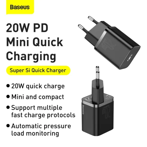 Baseus Super Si Hálózati töltő adapter QC + USB Type-C - Lightning 1m kábel 20W fekete (TZCCSUP-B01) - 12
