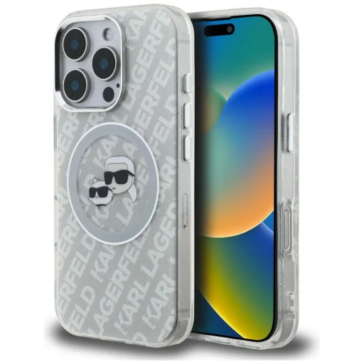 iPhone 16 Pro Max Karl Lagerfeld IML Glitter Karl & Choupette Heads Logo MagSafe szürke tok - 1