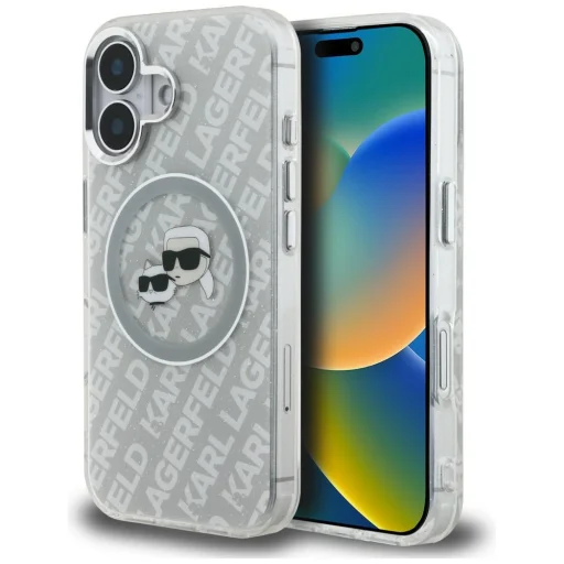 iPhone 16 Karl Lagerfeld IML Glitter Karl & Choupette Heads Logo MagSafe sivý kryt - 1
