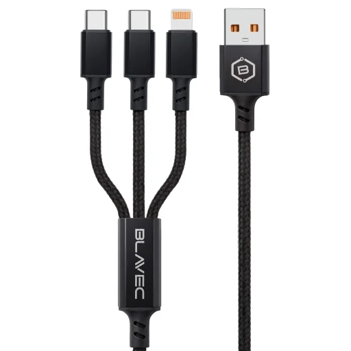 Blavec Cable Trixo fonott - USB-től 2xType C + Lightning - QC 18W PD60W 3A 1,3 méter (CTR-U2CL3B13) fekete - 2