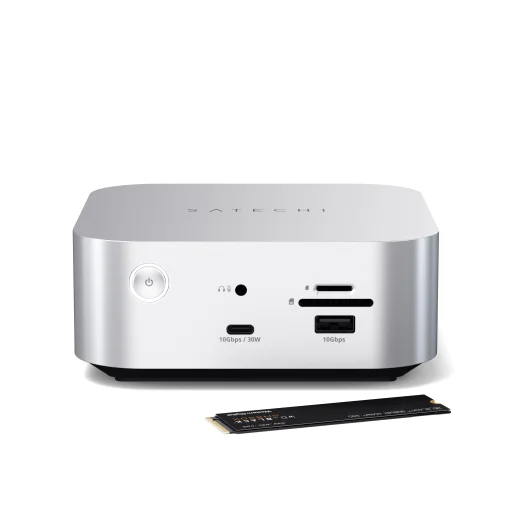 Satechi Thunderbolt 5 CubeDock s boxom pre SSD (3x TBT 5 Downstream porty, TBT 5 Host port 140W, 2x USB-C 3.2, 2x USB-A 3.2, 2,5 Gigabit Ethernet, čítačka SD a microSD kariet, box pre M.2 NVMe SSD, aktívne chladenie) - EU - strieborný - 4