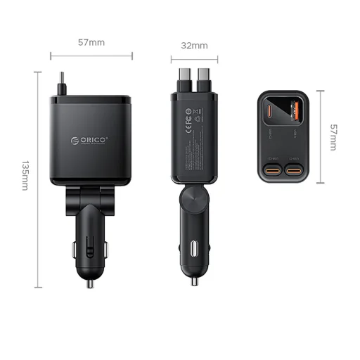 Orico Twin Reach 45 W 1A3C nabíjačka do auta s dvojitým zaťahovacím káblom - 2