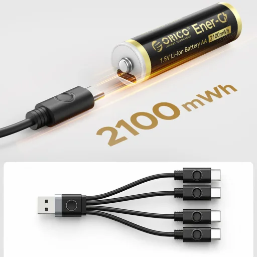Orico Ener-G EG5C Lítium Akkumulátor 1.5V 2100mWh AA USB-C Újratölthető Elem Töltőkábellel 4 db - 8
