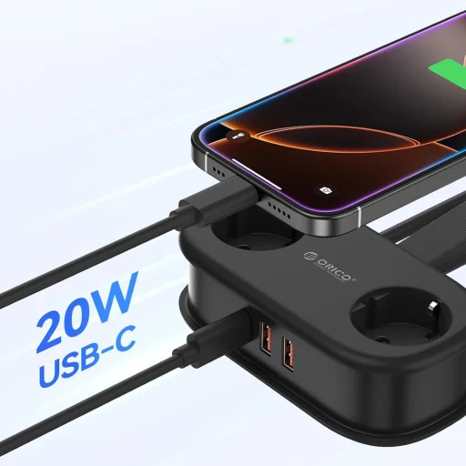 Orico APP 15.5W 5 v 1 rozbočovač 2x AC + 2x USB-A + 1x USB-C - Čierna - 4