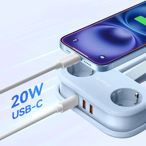 Orico AP3 20W GaN 5in1 rozbočovač 2x AC + 2x USB-A + 1x USB-C - modrý - 2
