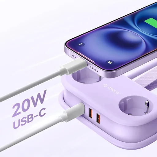 Orico AP3 20W GaN 5 v 1 sieťový rozbočovač 2x AC + 2x USB-A + 1x USB-C - fialový - 4