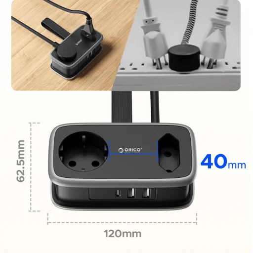 Orico AP3 65W GaN 6in1 sieťová rozvodka 2x AC + 2x USB-A + 2x USB-C - čierna - 8