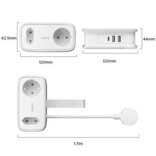 Orico AP3 65W GaN 6 v 1 sieťový rozbočovač 2x AC + 2x USB-A + 2x USB-C - biely - 3