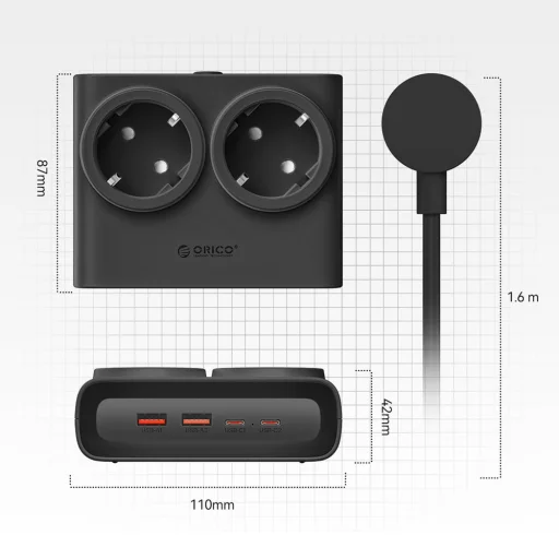 Orico PDC25 25W 6 v 1 Sieťový rozbočovač 2x AC + 2x USB-A + 2x USB-C - Čierny - 5