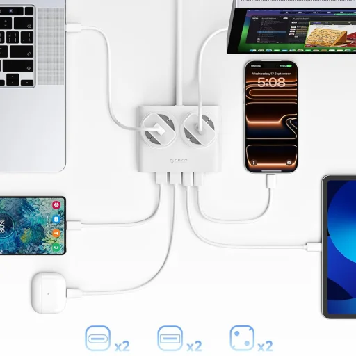 Orico PDC25 25W 6 v 1 Sieťový rozbočovač 2x AC + 2x USB-A + 2x USB-C - Biely - 6