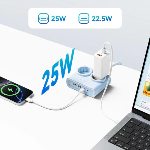 Orico PDC25 25W 6 v 1 sieťový rozbočovač 2x AC + 2x USB-A + 2x USB-C - Modrá - 5