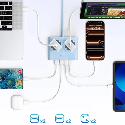 Orico PDC25 25W 6 v 1 sieťový rozbočovač 2x AC + 2x USB-A + 2x USB-C - Modrá - 6