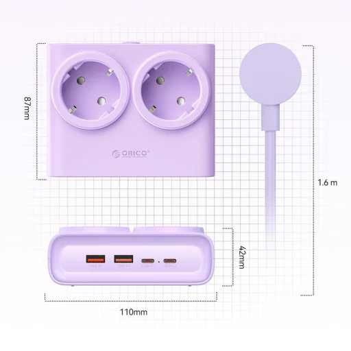 Orico PDC25 25W 6in1 sieťový rozbočovač 2x AC + 2x USB-A + 2x USB-C - fialová - 5