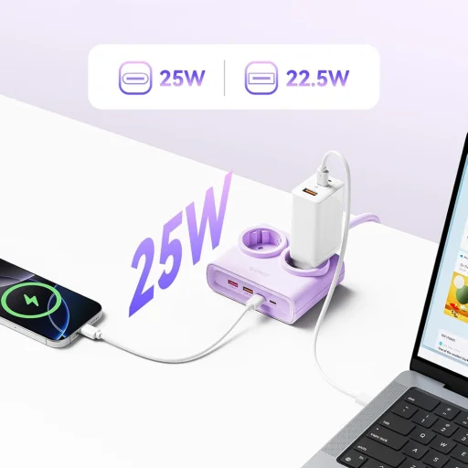 Orico PDC25 25W 6in1 sieťový rozbočovač 2x AC + 2x USB-A + 2x USB-C - fialová - 3