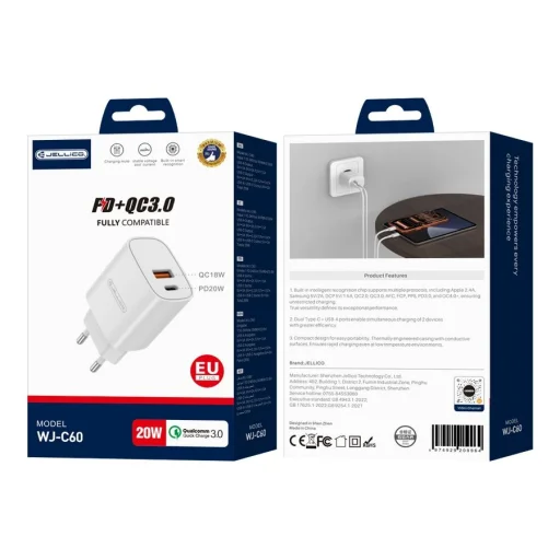 JELLICO WJ-C60 PD 20W 1x USB-C + 1x USB QC3.0 biely sieťový USB-C nabíjací adaptér - 1