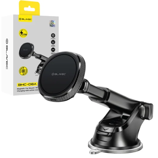 Blavec držiak do auta BHC-06A s 15W magnetickým bezdrôtovým nabíjaním a aktívnym chladením na čelné sklo a palubnú dosku (BHC06A-MWIB) čierny - 1