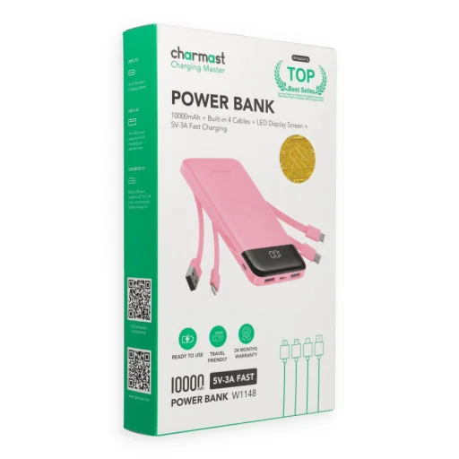 Charmast W1148 5V 3A 10000 mAh powerbank beépített USB-A / USB-C / Lightning / Micro USB kábelekkel, rózsaszín - 2
