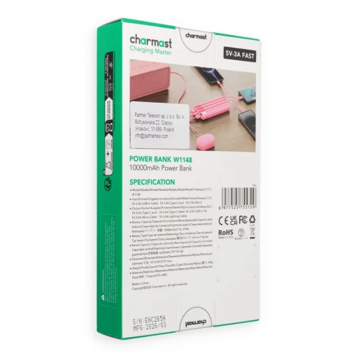 Charmast W1148 5V 3A 10000 mAh powerbank beépített USB-A / USB-C / Lightning / Micro USB kábelekkel, rózsaszín - 3