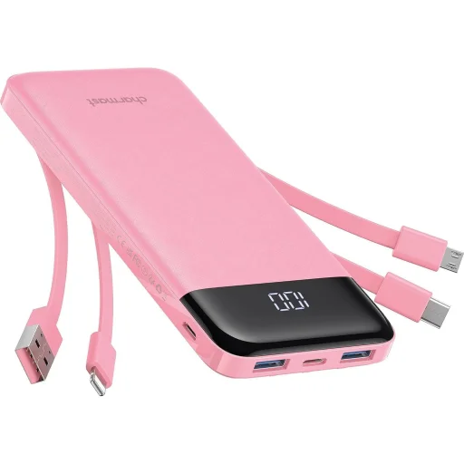 Charmast W1148 5V 3A 10000 mAh powerbanka so zabudovanými káblami USB-A / USB-C / Lightning / Micro USB, ružová - 1