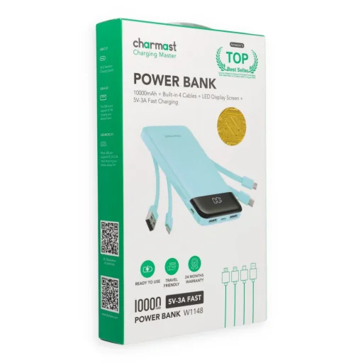 Charmast W1148 5V 3A 10000 mAh powerbank beépített USB-A / USB-C / Lightning / Micro USB kábelekkel, zöld - 2