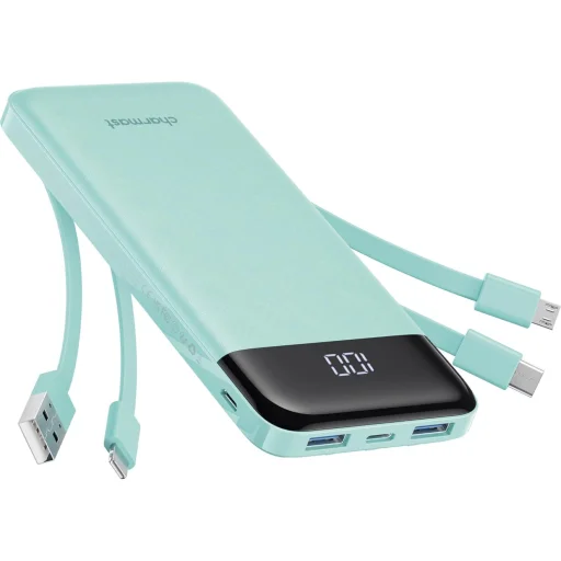 Charmast W1148 5V 3A 10000 mAh powerbanka so zabudovanými káblami USB-A / USB-C / Lightning / Micro USB, zelená - 1