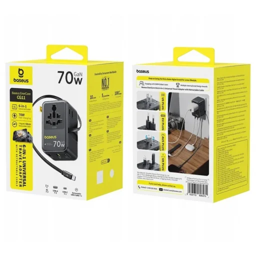 Baseus Travel EnerCore CG11 sieťový USB-C nabíjací adaptér, 70W, 10A, 1 x USB-C - 2 x Schuko - 2 x USB-A, s USB-C káblom, čierny - 5