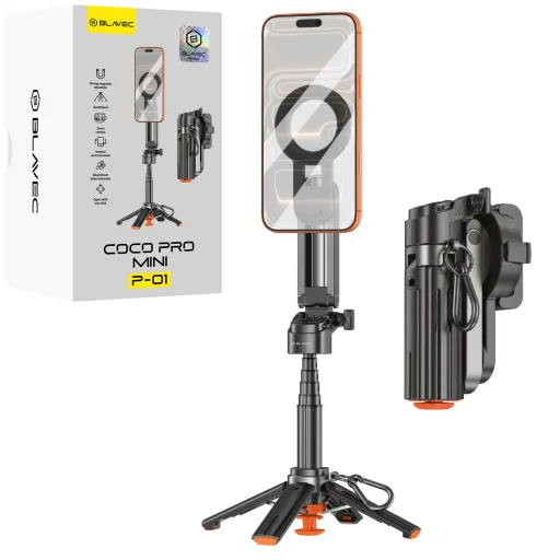 Blavec Selfie Stick Alumínium Coco PRO Mini P-01 Magsafe Auto pop quadripod + távirányító + tartó 0,48 méter (SSCPMP01-MQHB048) fekete - 1