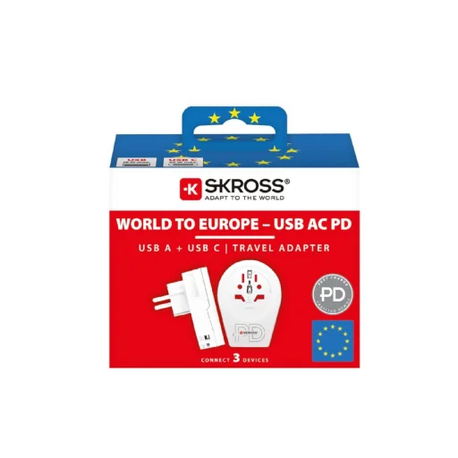 SKROSS 1.500295-E cestovný adaptér, "World to Europe", USB-C + USB-A 20W PD rýchlonabíjanie - 5