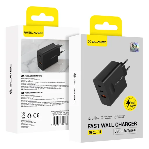 Blavec sieťová nabíjačka BC-11 GaN - USB + 2xType C - QC PD 65W 3A (TCBC11G-U2CB653A) čierna - 6
