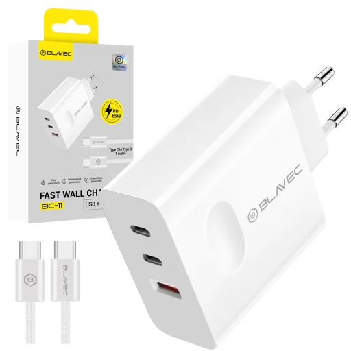 Blavec nástenná nabíjačka BC-11 GaN - USB + 2x Type-C - QC PD 65W 3A s káblom Type-C - Type-C (TCBC11G-U2CW653A) biela - 1