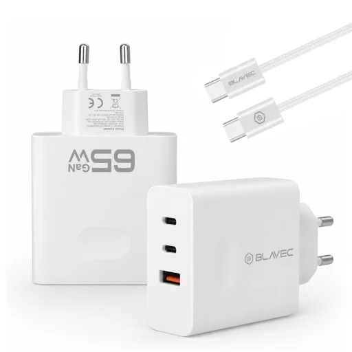 Blavec nástenná nabíjačka BC-11 GaN - USB + 2x Type-C - QC PD 65W 3A s káblom Type-C - Type-C (TCBC11G-U2CW653A) biela - 3
