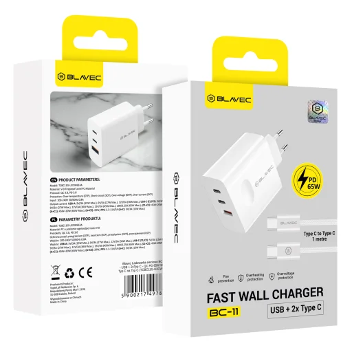 Blavec nástenná nabíjačka BC-11 GaN - USB + 2x Type-C - QC PD 65W 3A s káblom Type-C - Type-C (TCBC11G-U2CW653A) biela - 6