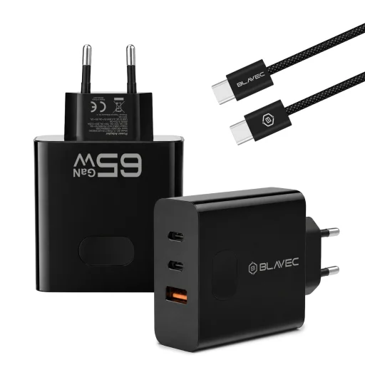 Blavec sieťová nabíjačka BC-11 GaN - USB + 2xType C - QC PD 65W 3A s káblom Type C - Type C (TCBC11G-U2CB653A) čierna - 3