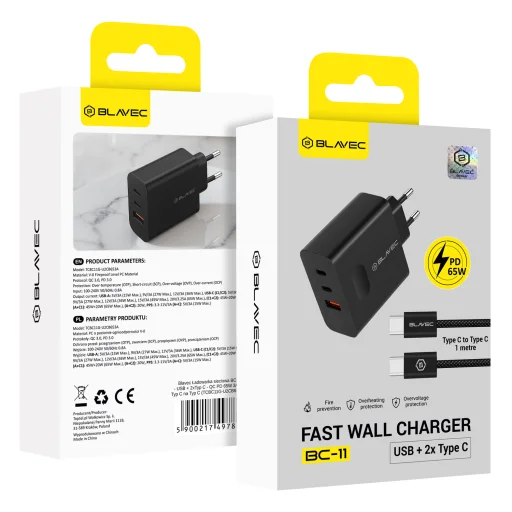 Blavec sieťová nabíjačka BC-11 GaN - USB + 2xType C - QC PD 65W 3A s káblom Type C - Type C (TCBC11G-U2CB653A) čierna - 6