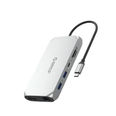 Orico XCR 12 v 1 USB-C dokovacia stanica 2x USB-A 3.1 1x USB-A 2.0 1x USB-C PD 100W 1x USB-C 3.1 2x HDMI 2.0 4K 60 Hz 1x DisplayPort 1.4 4K 60 Hz 1x SD 3.0 1x microSD 3.0 1x RJ45 Gigabit Ethernet 1x audio CTIA 3.5 mm - strieborná