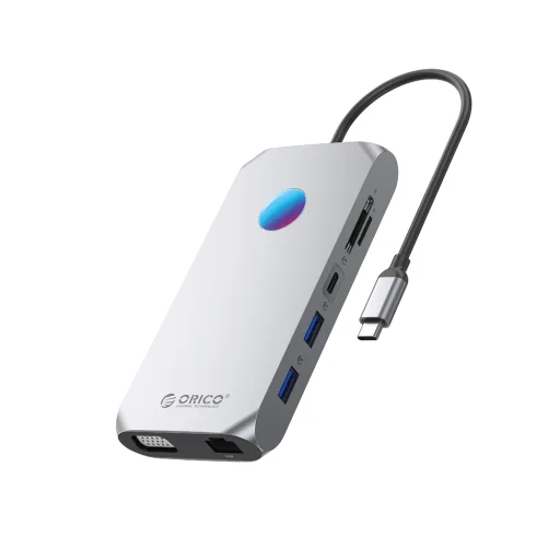 Orico XCR 12in1 RGB USB-C dokovacia stanica 3x USB-A 3.1 1x USB-A 2.0 1x USB-C PD 100 W 1x USB-C 3.1 1x HDMI 1.4 4K 30Hz 1x VGA 1080p 1x microSD/SD 3.0 1x RJ Gigabit Ethernet 1x Audio CTIA 3.5 mm - Sivá - 1