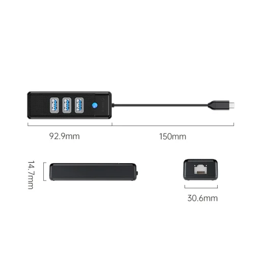 Orico PW3UR25-C3 USB Hub 4-Port 3x USB-A 3.0 1x RJ45 2.5G Ethernet 0.15m - Black - 3