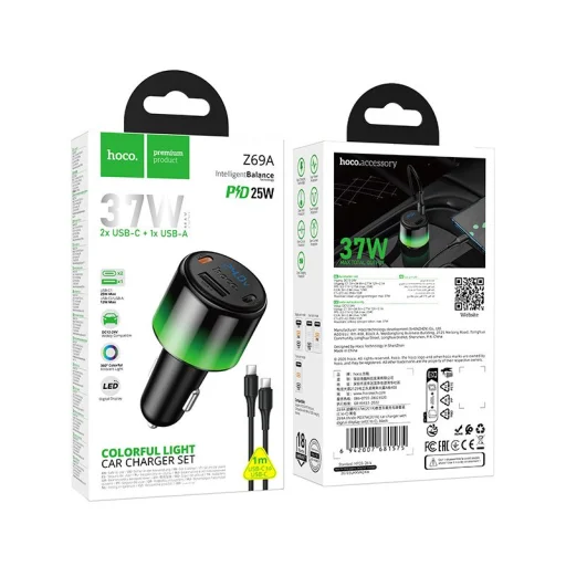 Hoco nabíjačka do auta USB-A + 2x USB-C PD QC3.0 37W + kábel USB-C – USB-C Z69A čierna - 9
