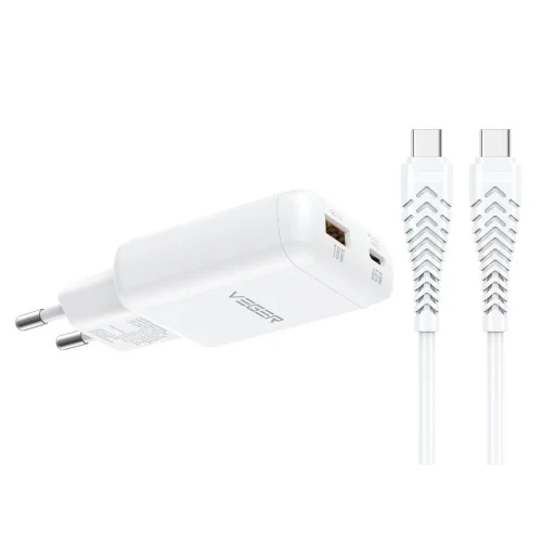 VEGER TR122 biely sieťový nabíjací adaptér USB-A + USB-C PD 65W + dátový kábel USB-C - USB-C 100W - 1