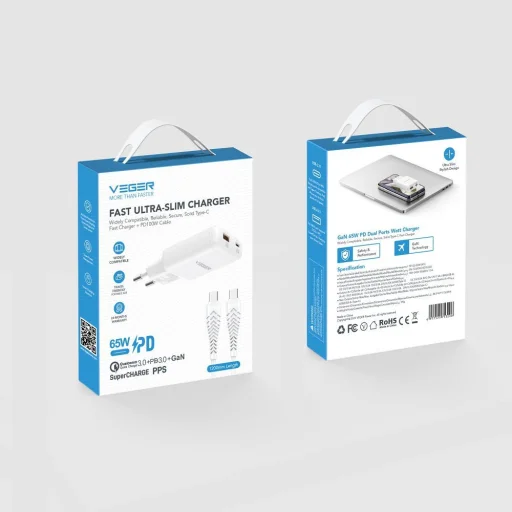 VEGER TR122 biely sieťový nabíjací adaptér USB-A + USB-C PD 65W + dátový kábel USB-C - USB-C 100W - 2