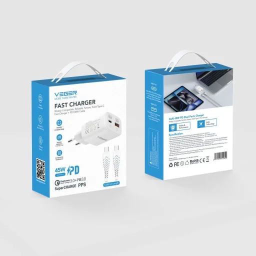 VEGER TR121 biely sieťový USB-A + USB-C PD 45W nabíjací adaptér + USB-C–USB-C 100W dátový kábel - 3