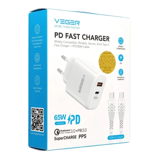 VEGER USB-A + USB-C PD QC3.0 3,25 A 65 W sieťový nabíjací adaptér + USB-C–USB-C kábel TR67 biely - 8