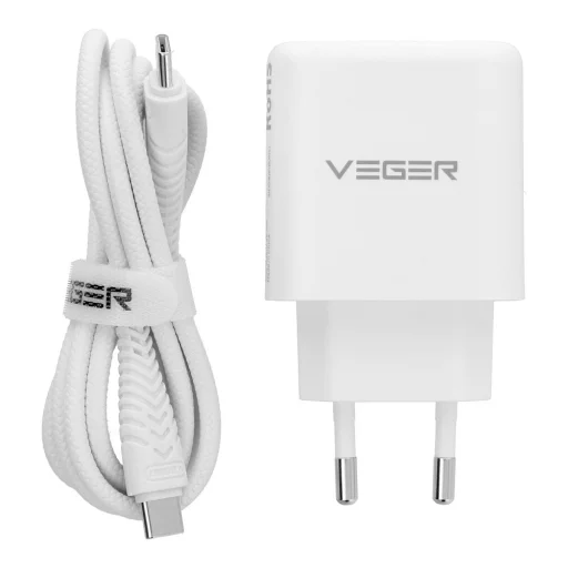 VEGER USB-A + USB-C PD QC3.0 3,25 A 65 W sieťový nabíjací adaptér + USB-C–USB-C kábel TR67 biely - 3