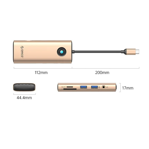 Orico PW11 8 v 1 USB-C dokovacia stanica 2x USB-A 3.0 1x USB-C PD 100W 1x HDMI 4K 60Hz 1x microSD/SD 1x RJ45 Gigabit Ethernet 1x Audio 3.5mm - ružovozlatá - 2