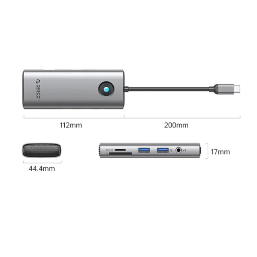 Orico PW11 8 v 1 dokovacia stanica USB-C 2x USB-A 3.0, 1x USB-C PD 100W, 1x HDMI 4K 60Hz, 1x microSD/SD, 1x RJ45 Gigabit Ethernet, 1x Audio 3.5mm - Sivá - 2