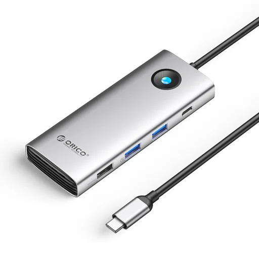 Orico PW11 8v1 USB-C dokovacia stanica 2x USB-A 3.0 1x USB-A 2.0 1x USB-C 3.0 1x USB-C PD 100W 1x HDMI 4K 60Hz 1x VGA 1080P 60Hz 1x RJ45 Gigabit Ethernet - strieborná - 1