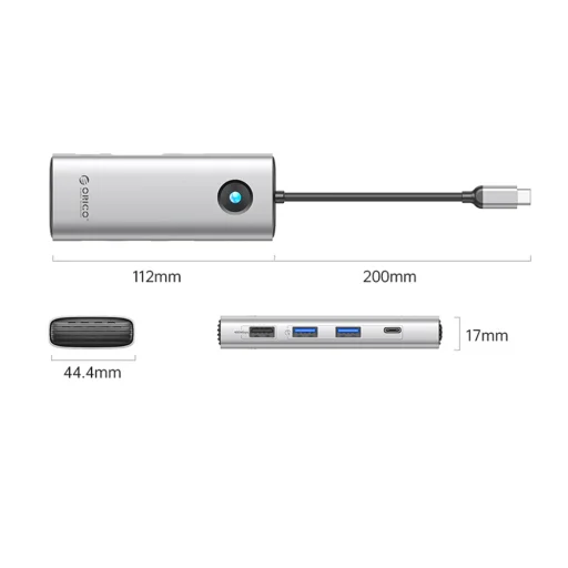 Orico PW11 8v1 USB-C dokovacia stanica 2x USB-A 3.0 1x USB-A 2.0 1x USB-C 3.0 1x USB-C PD 100W 1x HDMI 4K 60Hz 1x VGA 1080P 60Hz 1x RJ45 Gigabit Ethernet - strieborná - 2